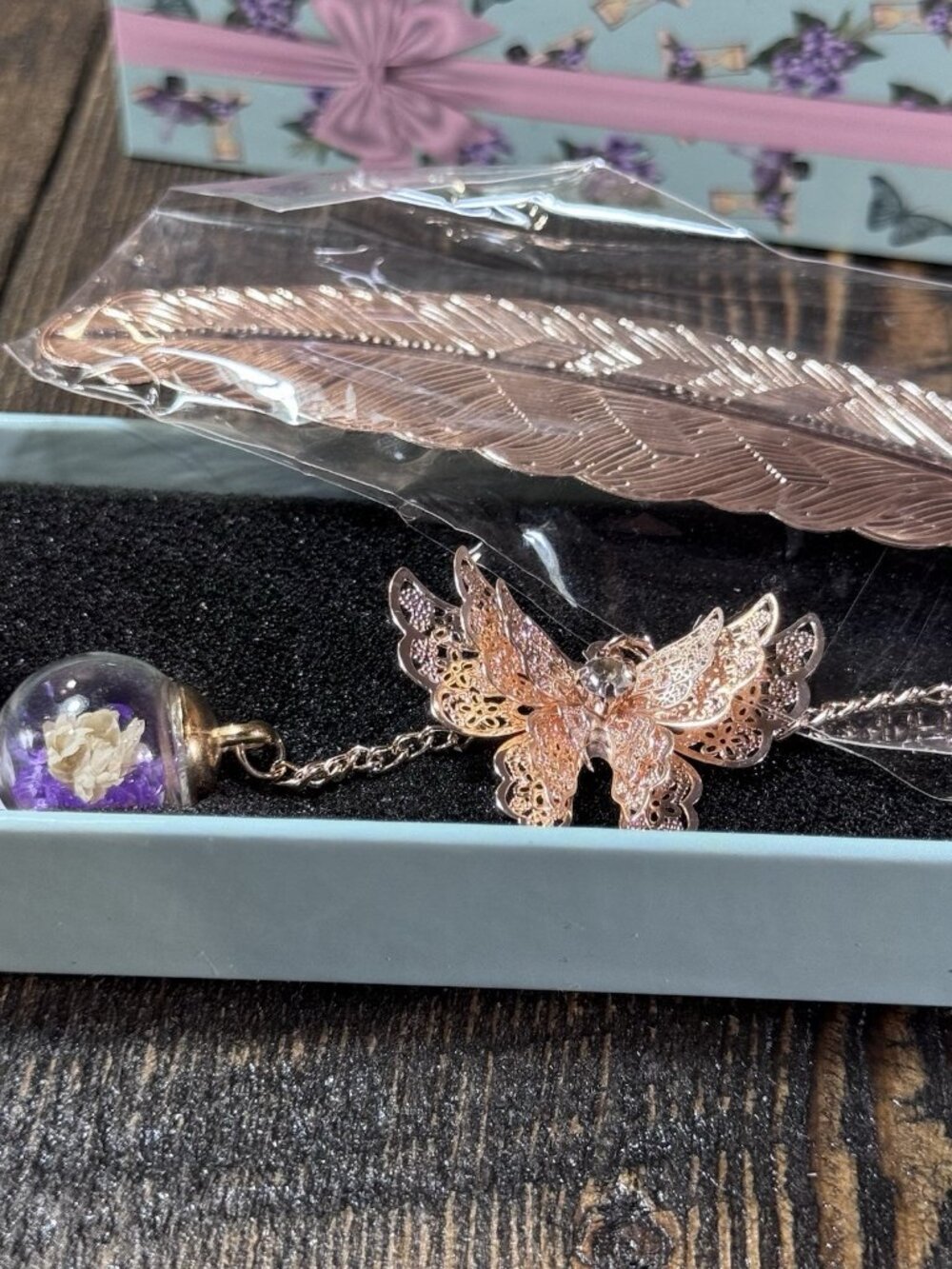 Metal Feather Bookmark Butterfly Book Mark Page Marker Gift Gold Purple Globe - Picture 2 of 3